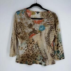 Vintage y2k 90s top shirt large L animal print rhinestone patchwork boho fall